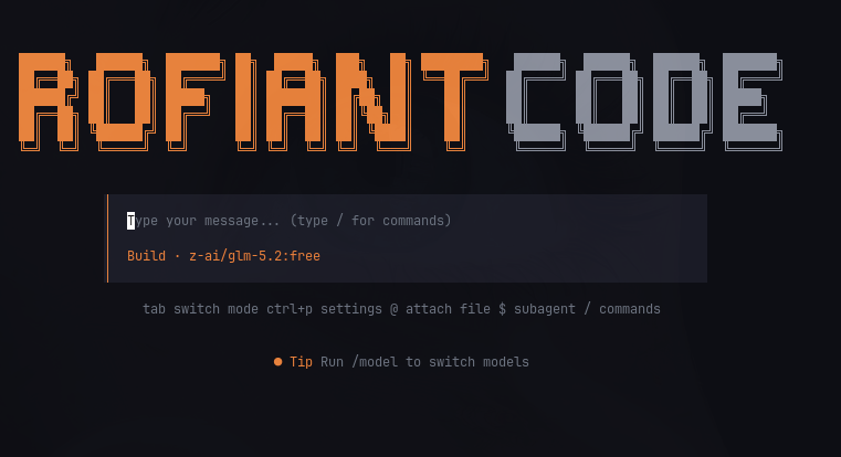 Rofiant Code running in a terminal, showing the build-mode prompt